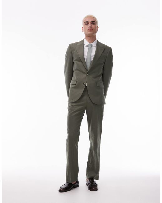 Topman – gerade geschnittene anzughose aus leinenmix in Green für Herren
