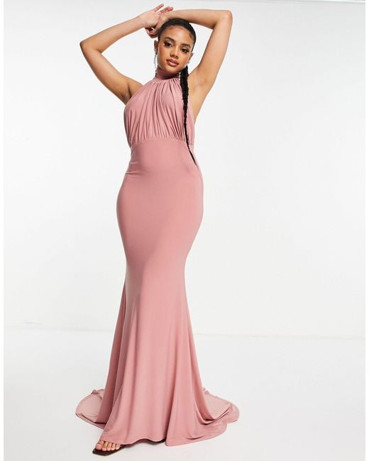 Club L London Pink Blush Backless Halter Neck Fishtail Maxi Dress