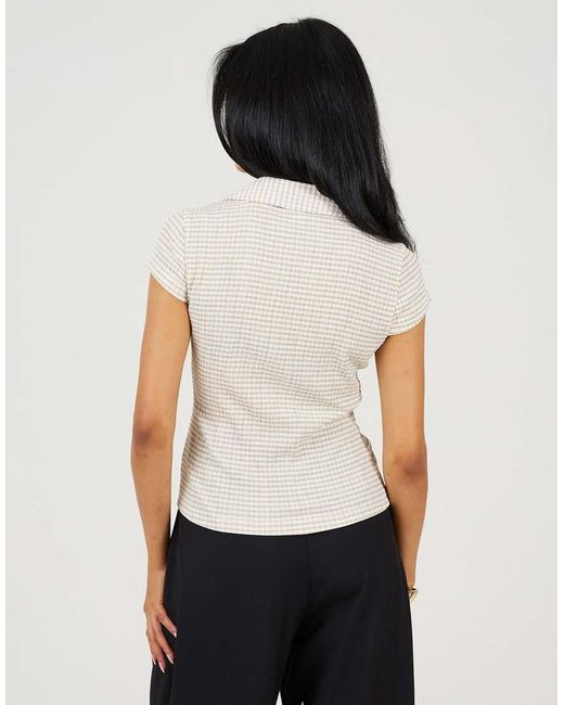 Brave Soul White Short Sleeve Gingham Collared Top