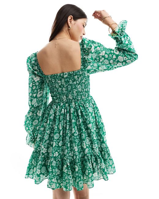 & Other Stories Green Ruche Bodice Mini Dress With Volume Sleeve And Tiered Hem