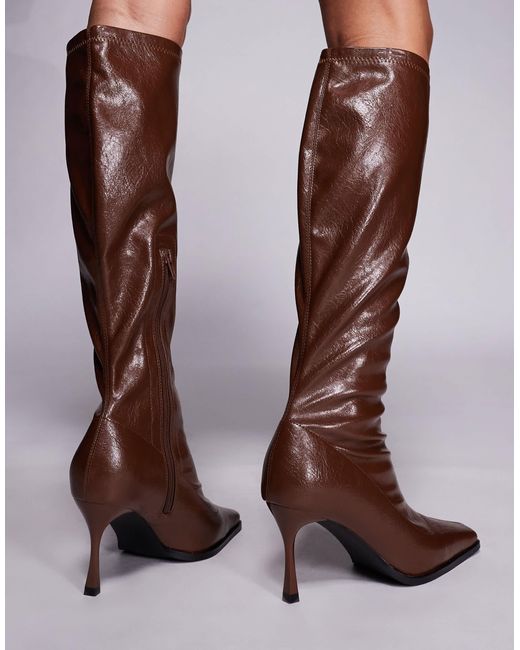 Public Desire Brown Scorpion Square Toe Heeled Knee Boots