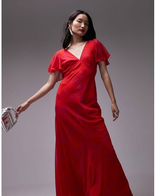 TOPSHOP Red Occasion Flutter Sleeve Maxi Dress With Back Detail