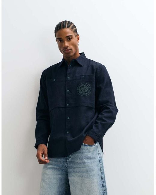 Parlez Blue Embroidered Logo Shirt With Patch Pocket Print for men