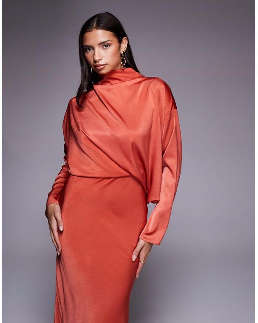 ASOS Red High Neck Bias Satin Maxi Dress With Sleeve Detail