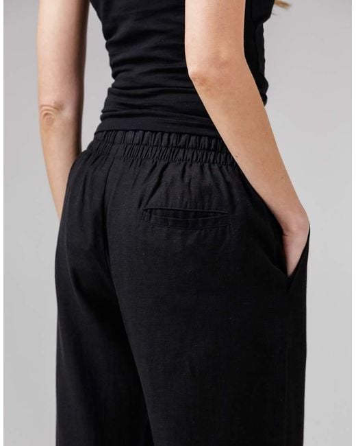 French Connection Black Cotton Linen Blend Elasticated Self-Tie Straight Leg Trousers