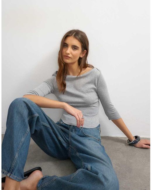 TOPSHOP Gray Slash Neck Curve Hem Top