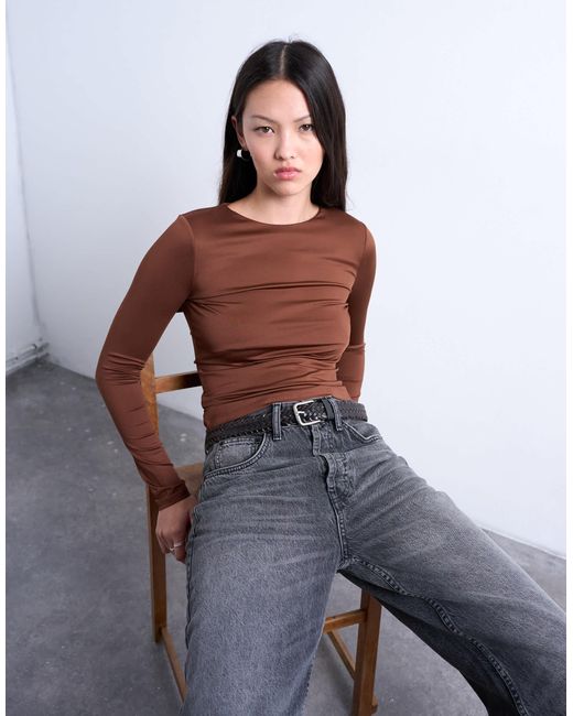 TOPSHOP Brown Slinky Crew Neck Long Sleeve Top