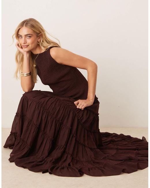 ASOS Brown Shirred Slash Neck Maxi Dress