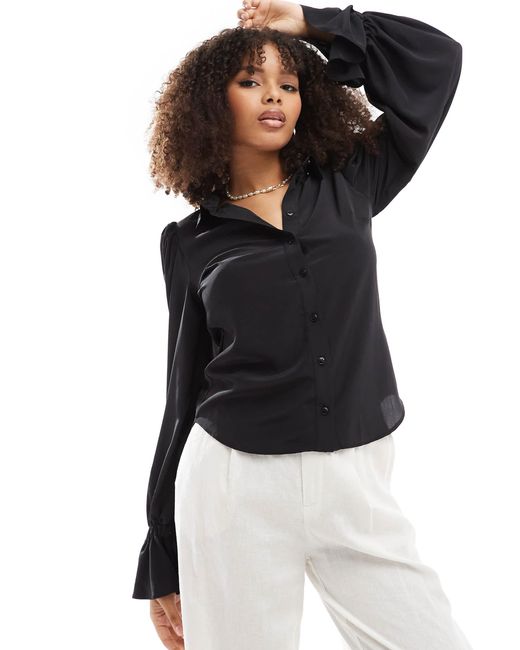 ASOS Black Volume Sleeved Soft Shirt With Ruffle Cuffs