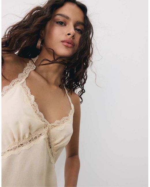 Stradivarius Natural Halter Neck Top With Lace Trim