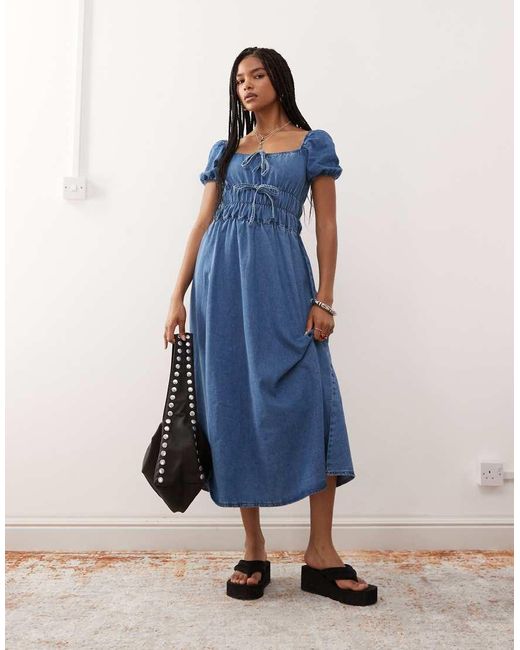 Reclaimed Vintage Blue Chambray Denim Midi Dress With Shirring Details