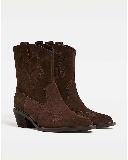Stradivarius White Split Leather Heeled Cowboy Ankle Boots