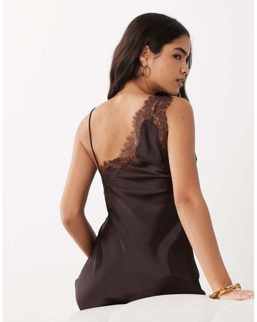 Mango Brown Satin Asymetric Hem Midi Dress With Lace Detail