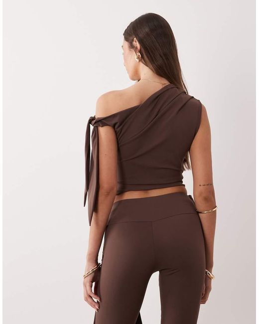 The Frolic Brown Exclusive Slinky Asymmetric Shoulder Drape Side Top Co-ord