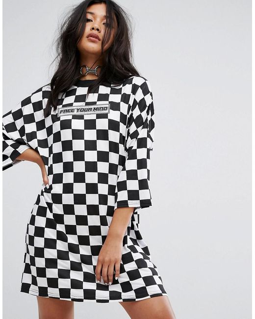 The Ragged Priest Black Free Your Mind Oversized T-shirt Dress In Checkerboard
