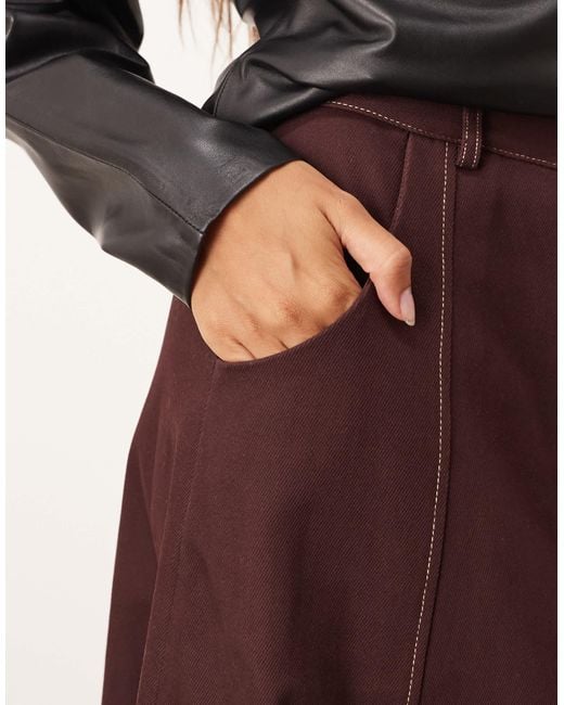 ARRANGE Red Heavy Twill Full Midi Skirt With Contrast Stitch