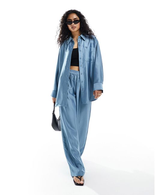 Y.A.S Blue Satin Oversized Pinstripe Shirt Co-ord