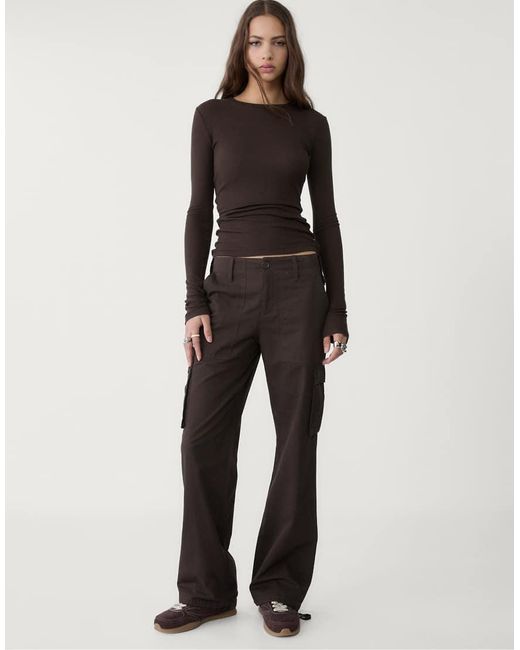 Stradivarius Geribbeld T-Shirt Met Lange Mouwen in het Black