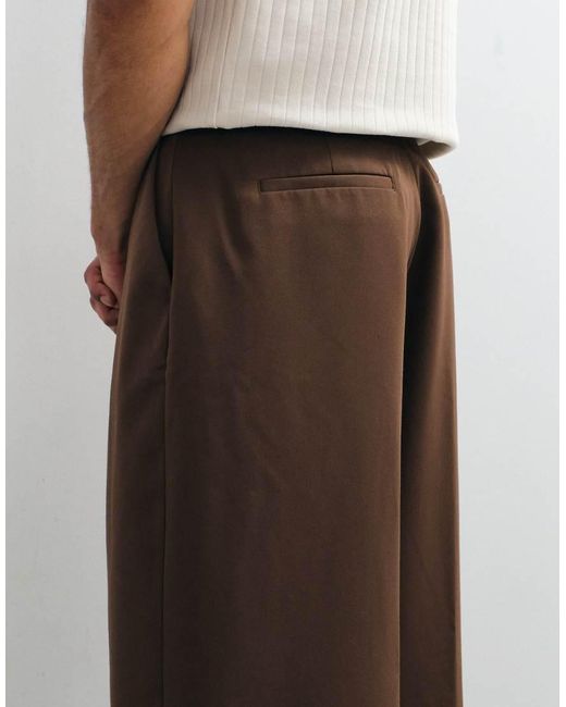 ASOS Brown Tailored Pleated Wide Barrel Leg Trousers for men