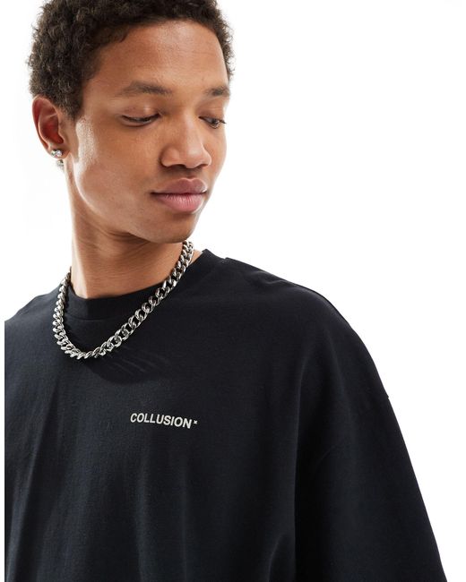 Collusion Black Graphic T-shirt With Front Square Print for men