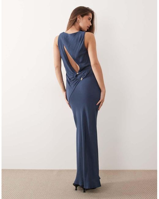 ASOS Blue Draped Open Back Trim Detail Linen Look Maxi Dress