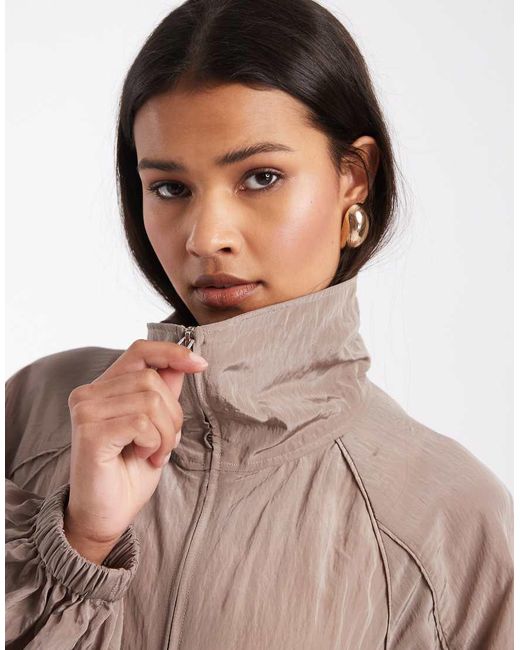 & Other Stories Brown Nylon Short Bomber Jacket With Waist Pleat Detail