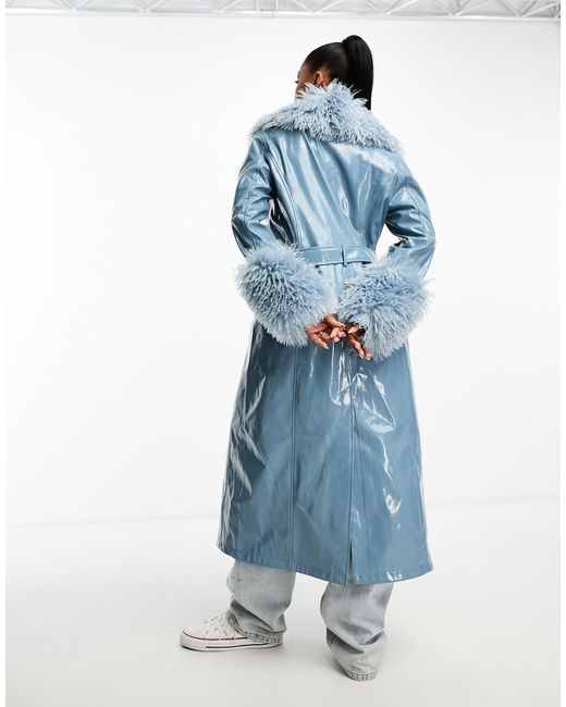 Urbancode Blue Vinyl Trench Coat With Borg Trim