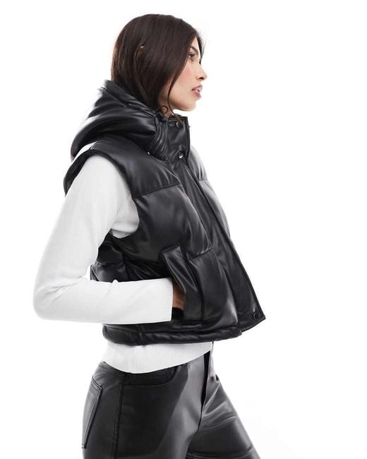 Pull&Bear Black Padded Faux Leather Gilet With Hood