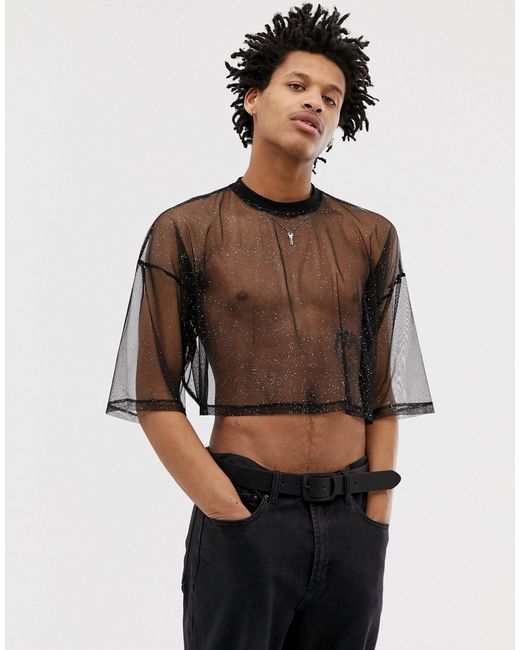 ASOS – Kurzes, schwarzes Oversize-T-Shirt aus glitzerndem Netzstoff in Black für Herren