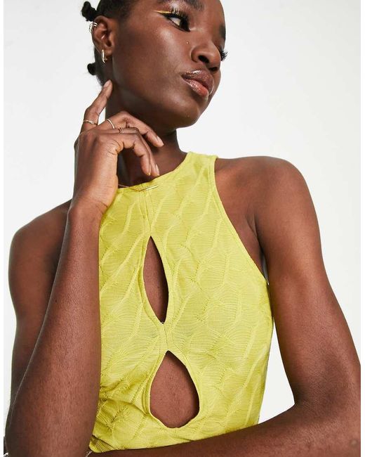 ASOS Yellow Textured Midi Dress With Front Cut Outs
