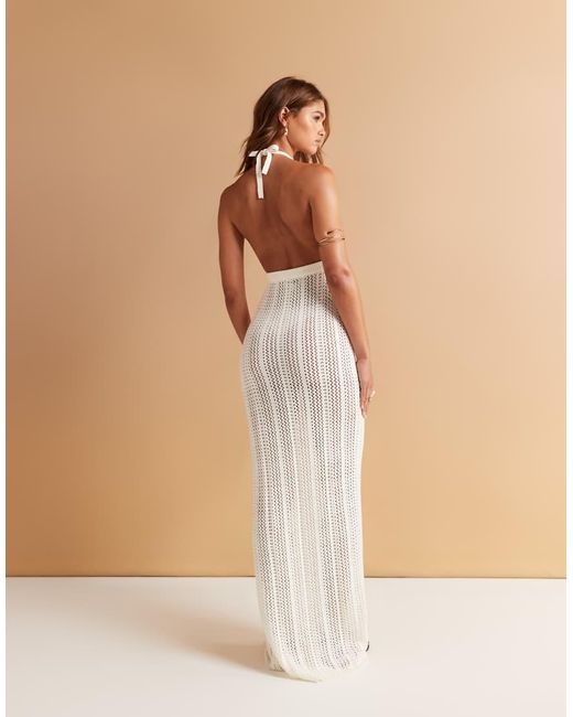 Aria Cove Natural Crochet Knitted Halterneck Cut Out Maxi Beach Dress