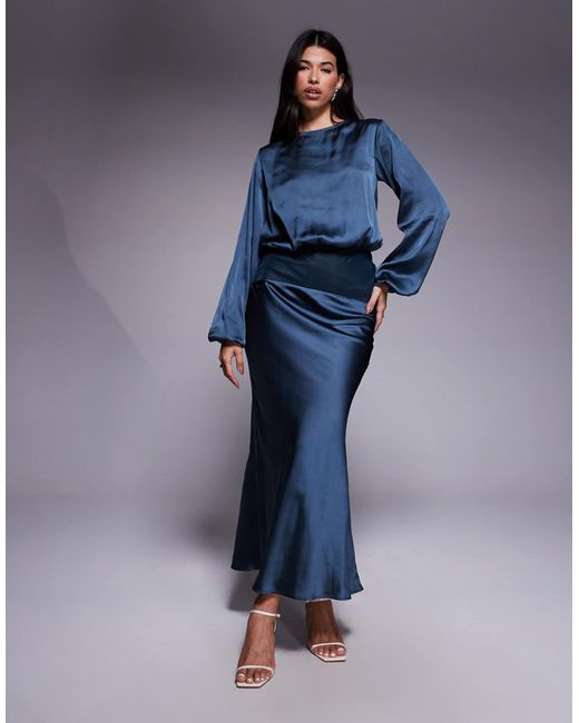 ASOS Blue Satin Slash Neck Velvet Panelled Maxi Dress