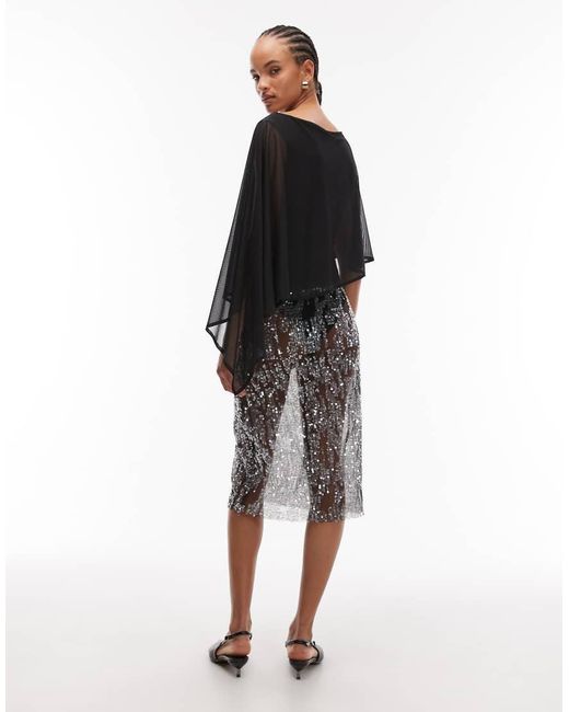 ASOS Sheer Sequin Mesh Knee Length Midi Skirt in Black | Lyst UK