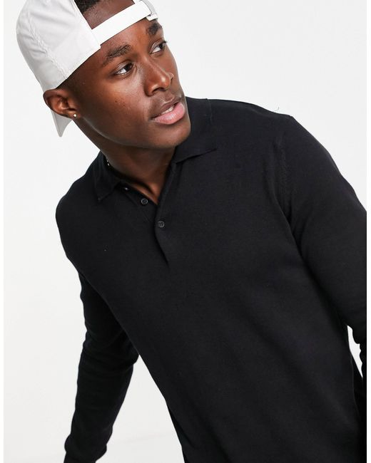 Brave Soul Cotton Long Sleeve Knitted Polo in Black for Men | Lyst
