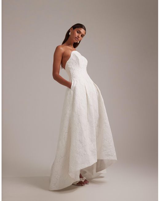 ASOS Bridal Curved Strapless Neckline Lace Midi Dress in White | Lyst