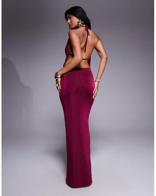 Aria Cove Purple Slinky Cowl Halterneck Open Tie Back Maxi Dress