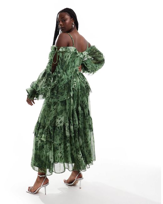 Asos design curve robe mi longue a fleurs et volants avec manches ouvertes et liens vert ASOS en coloris Vert Lyst