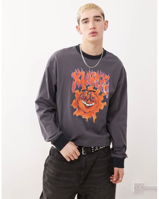 T-shirt à manches longues avec motif enflammé - anthracite Xlarge pour homme en coloris Blue