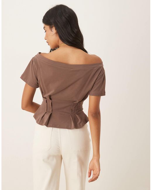 ASOS Brown Off Shoulder Cinched Waist Detail Tee - Chocolate
