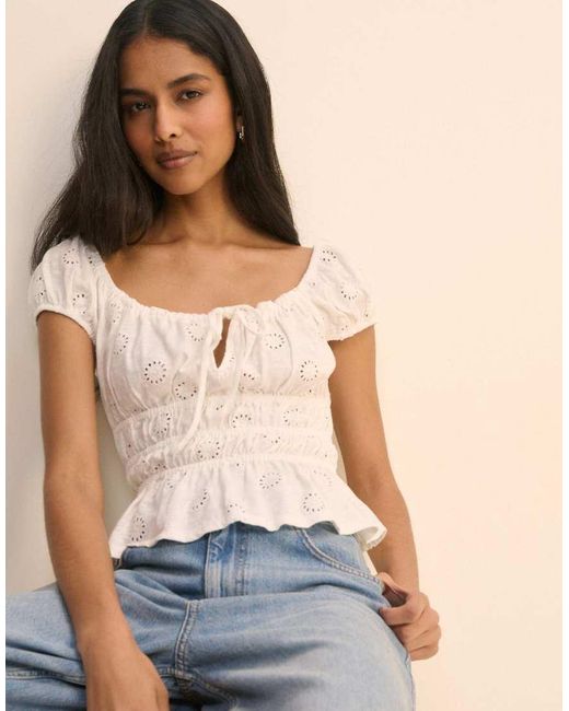 Nobody's Child Natural Broderie Anglaise Shirred Milkmaid Top