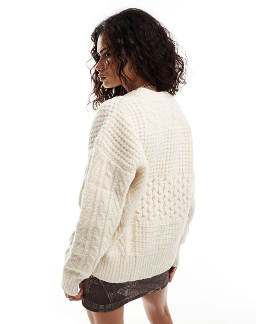 Moon River Natural Crew Neck Long Sleeve Patchwork Knitted Jumper