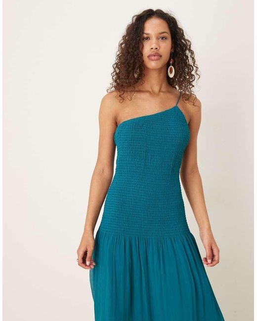 Mango One Shoulder Dropped Waist Maxi Dress in Blue | Lyst UK