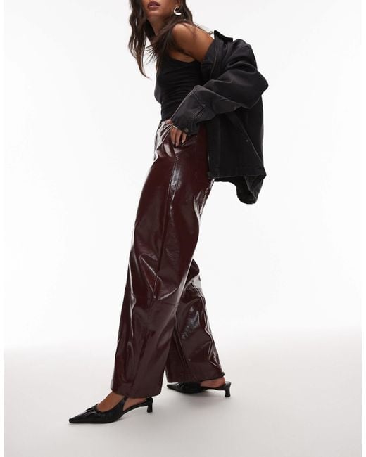 ASOS Red Faux Leather Barrel Leg Trousers With Tab Detail