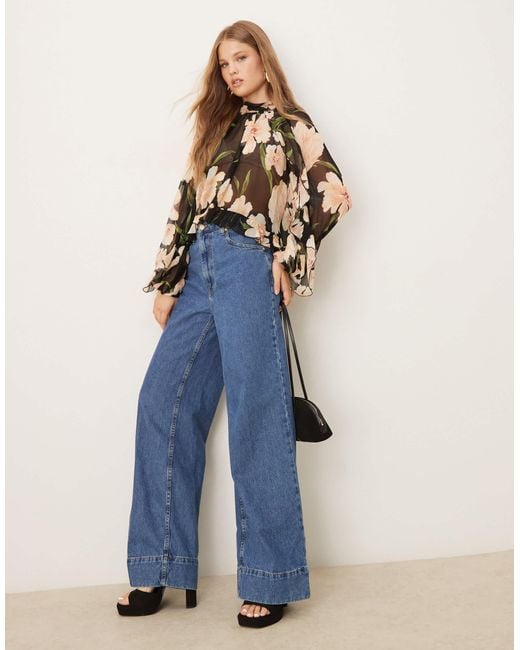 Mango Blue Sheer Round Neck Long Sleeve Blouse