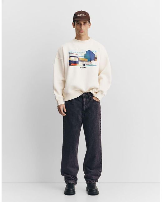 Pull&Bear White Sweatshirt With Embroidered Slogan Graphic for men
