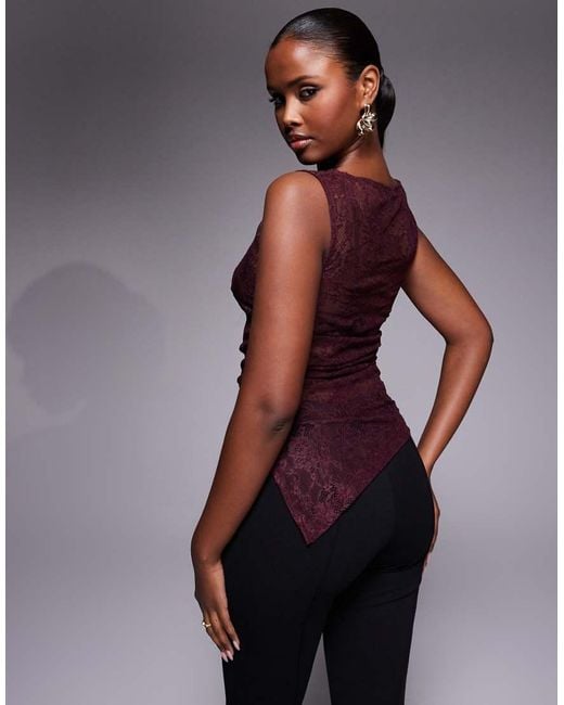 ASOS Purple Sleeveless Gathe Side Lace Asymmetric Detail Top