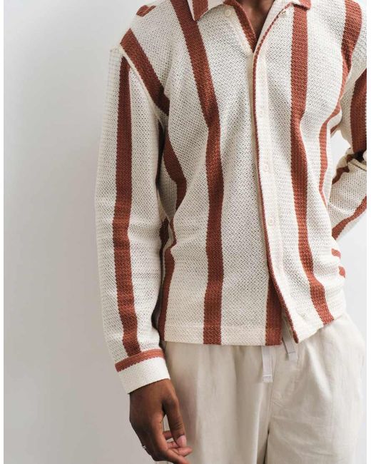 ASOS Natural Relaxed Crochet Stripe Shirt With Placket Detail for men
