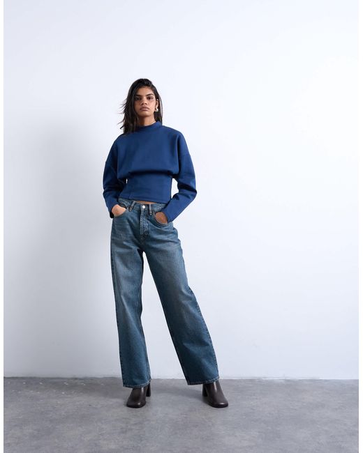 TOPSHOP Blue Interlock Corset Waist Long Sleeve Top