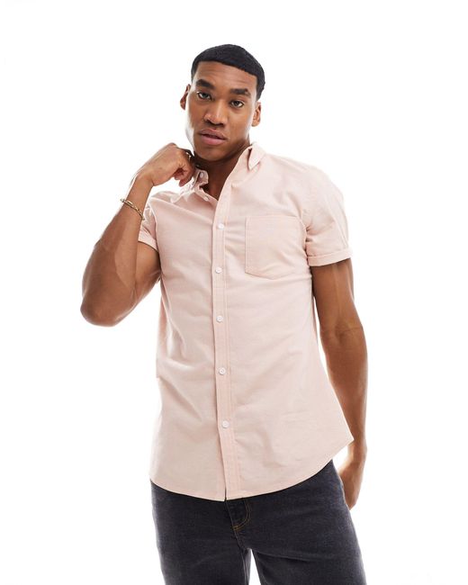 ASOS Natural Short Sleeve Slim Fit Oxford Shirt for men
