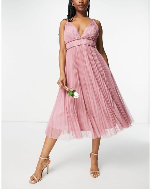 ASOS Pink Belted Pleated Tulle Cami Midi Dress